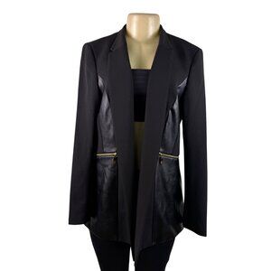 Anne Klein Womens Black Blazer With Faux Leather Accents Open Front Sz L